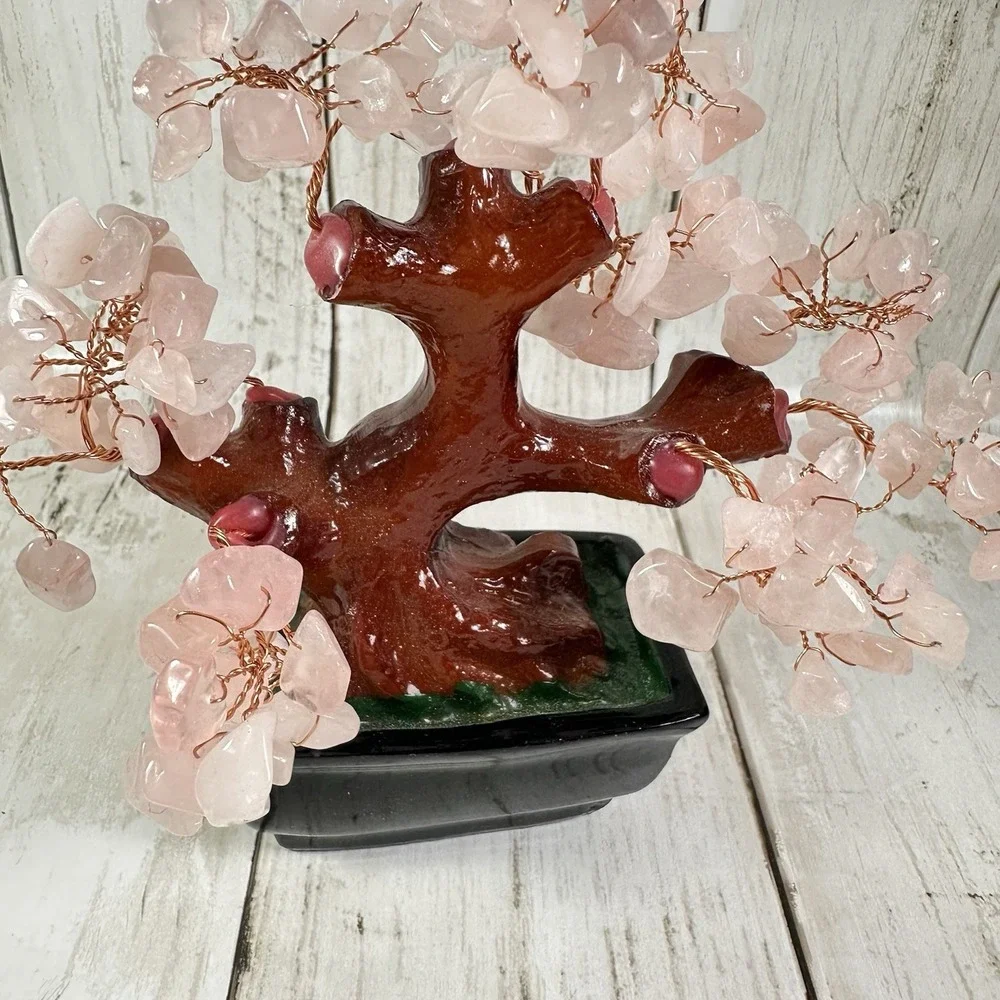 Feng Shui Natural Rose Pink Quartz Crystal Money Tree Bonsai Style Decoration Fo